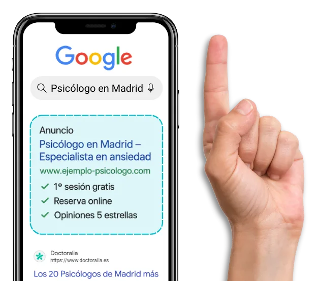 Resultados de Google mostrando un anuncio de psicólogo en primer lugar